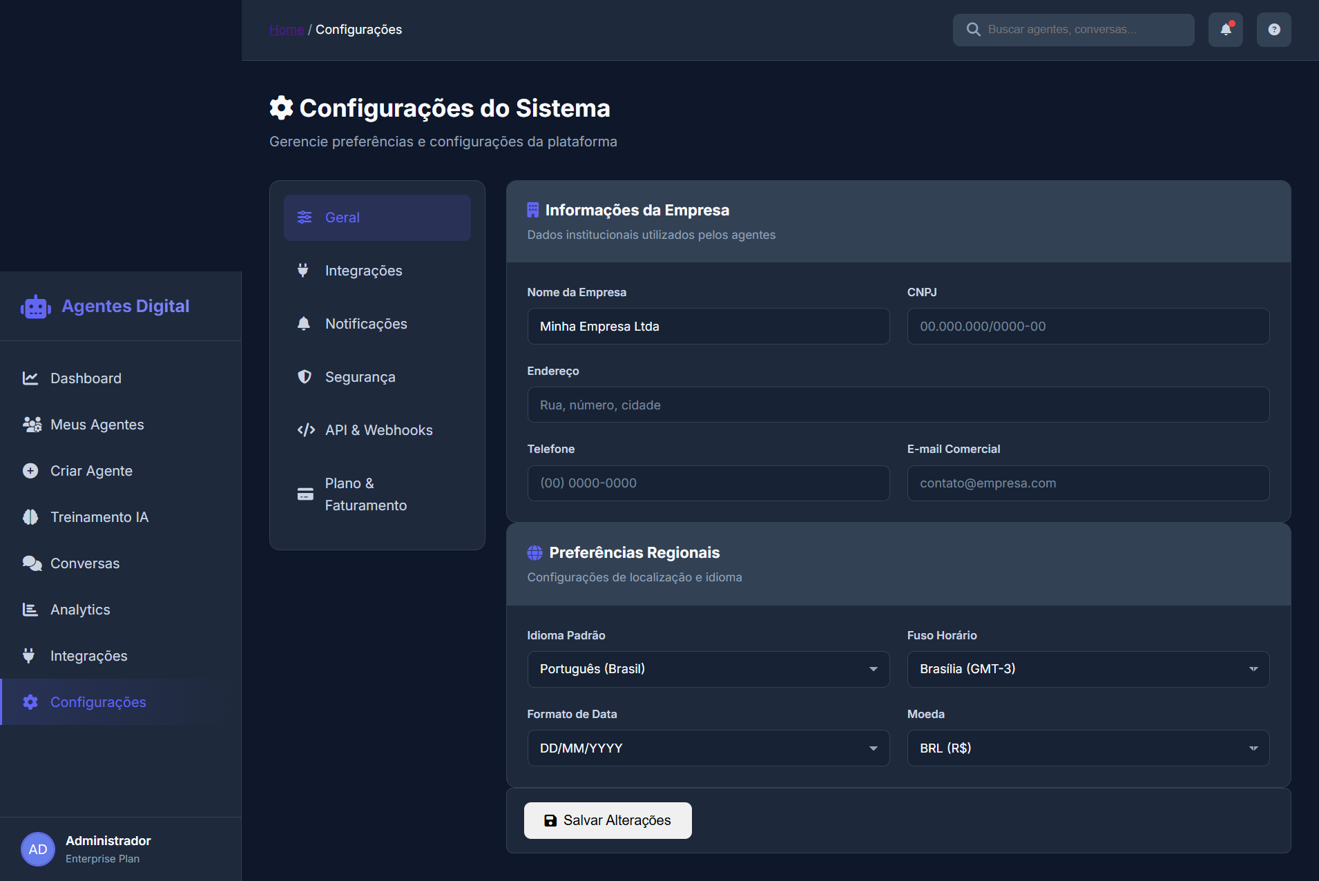 Tela de configurações gerais da plataforma Agentes Digital