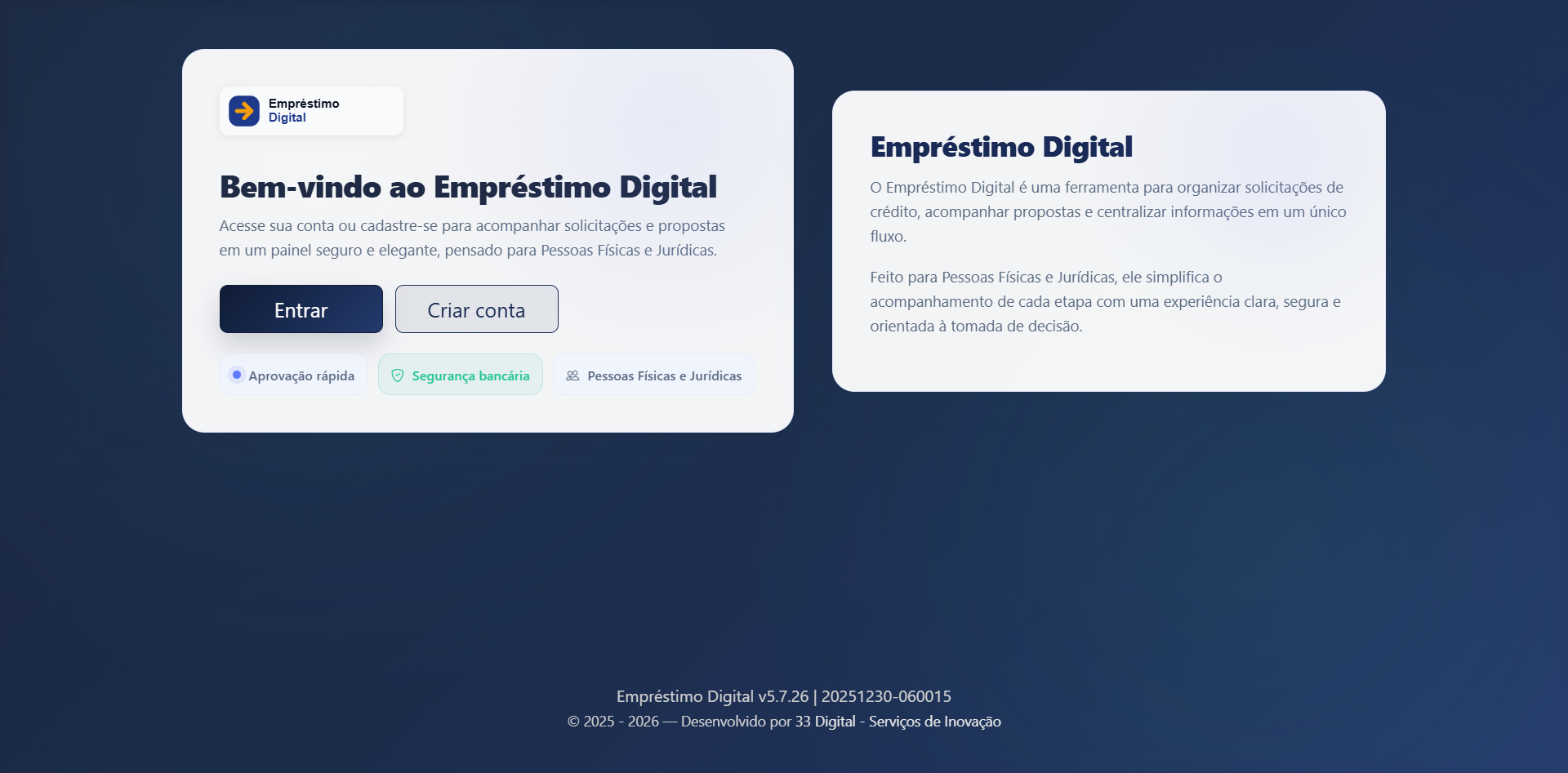 Tela de boas-vindas do EmpréstimoDigital com apresentação da plataforma