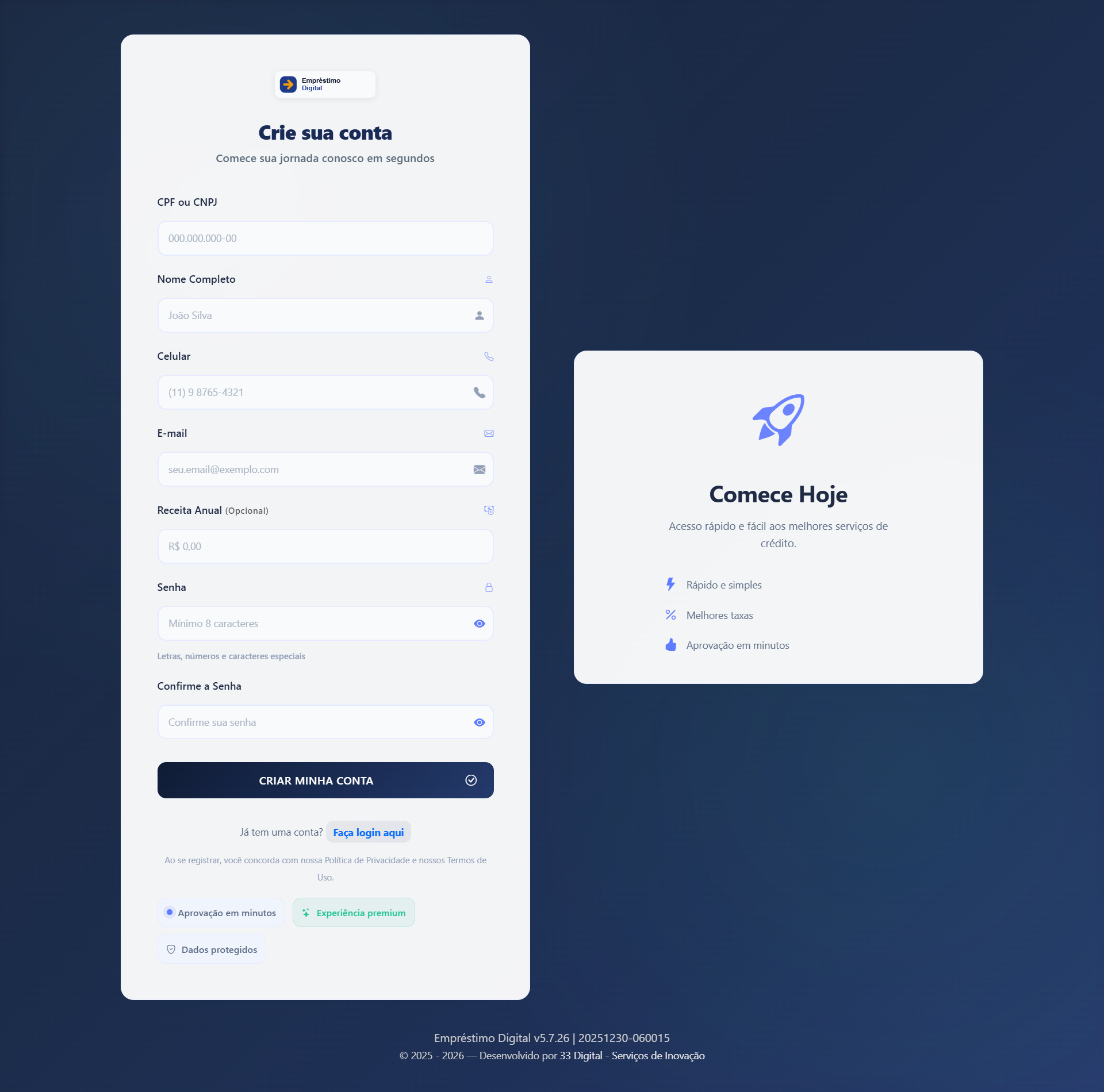 Tela de cadastro e onboarding de novos clientes no EmpréstimoDigital