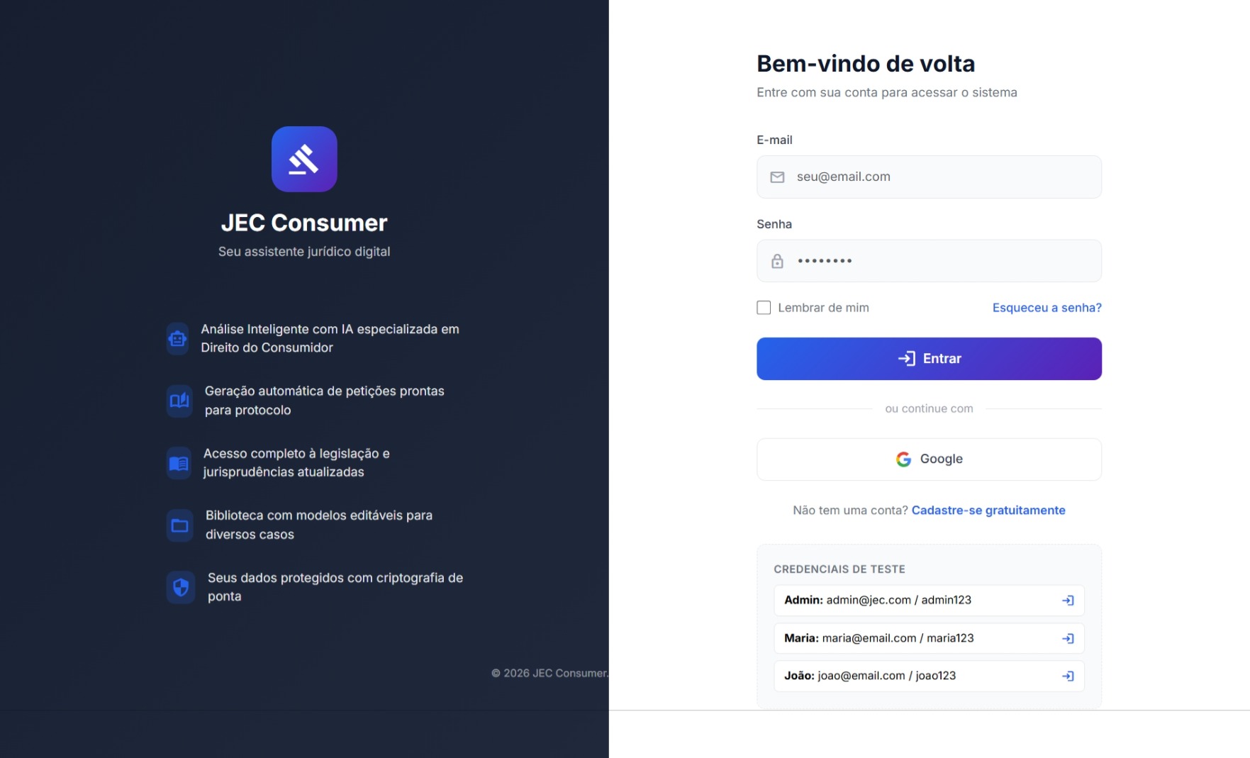 Tela de login do Judiciário Digital com acesso seguro à plataforma de orientação jurídica