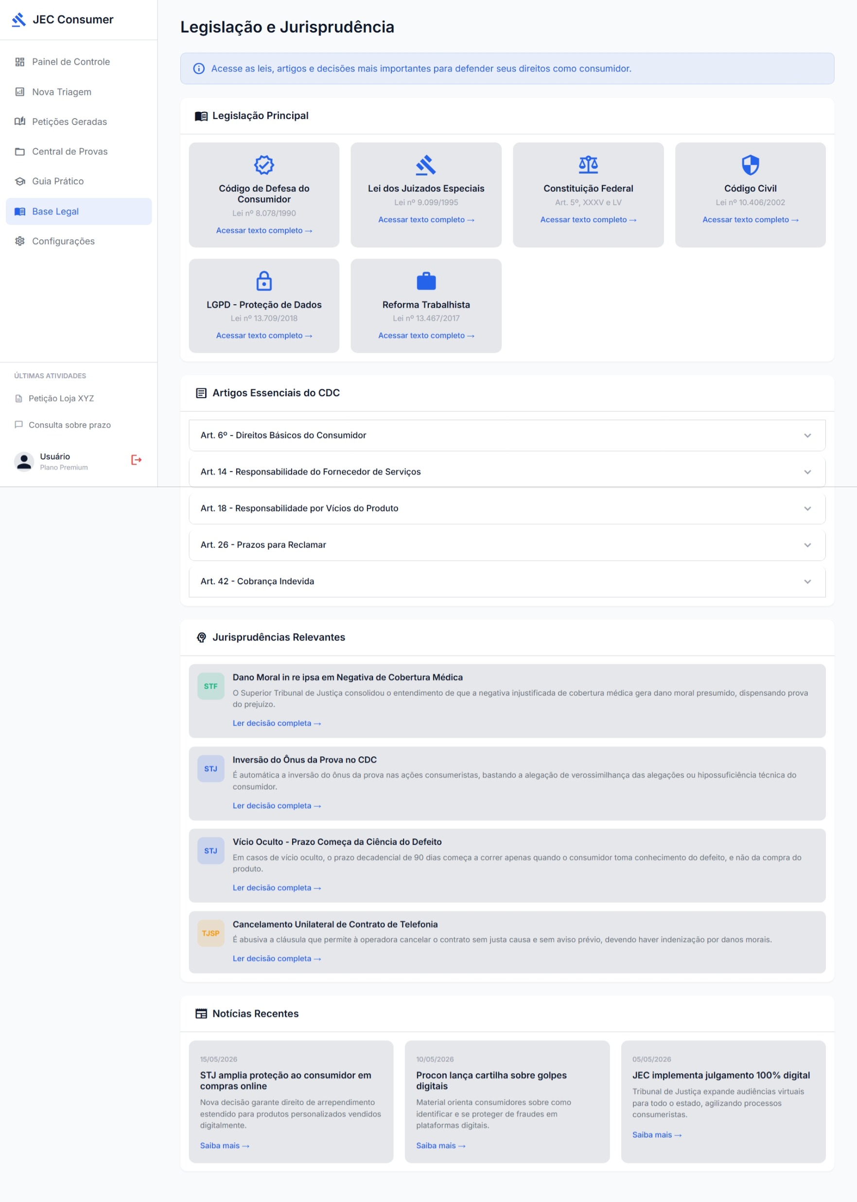 Módulo de legislação do Judiciário Digital com acesso a leis, artigos e referências públicas aplicáveis à situação do usuário