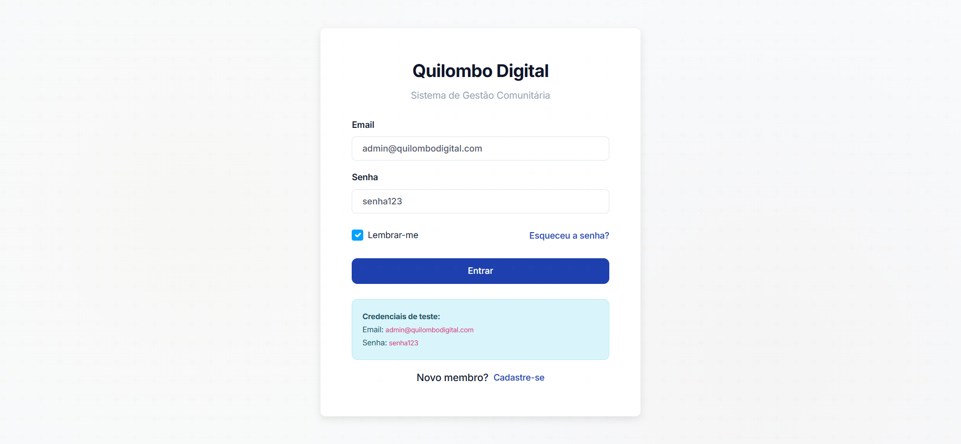 Tela de login do Quilombo Digital com acesso seguro para membros e gestores