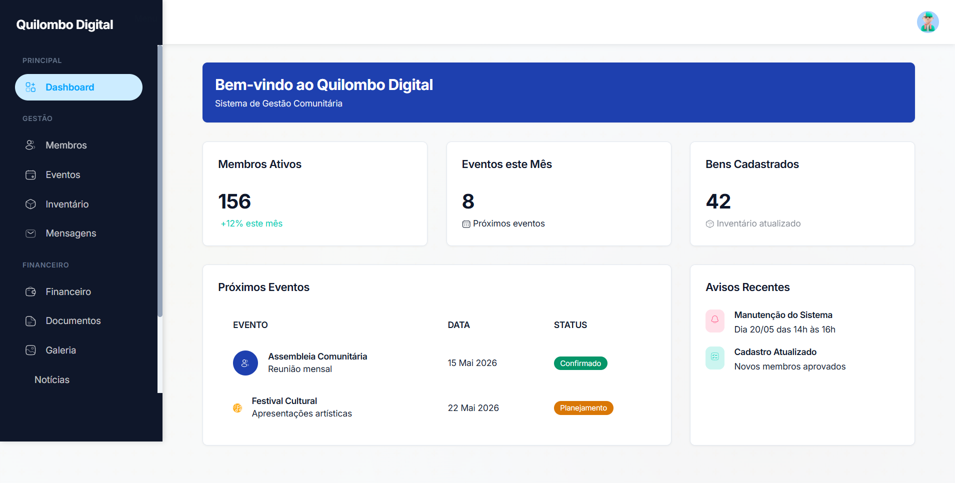 Dashboard principal do Quilombo Digital com visão geral da comunidade