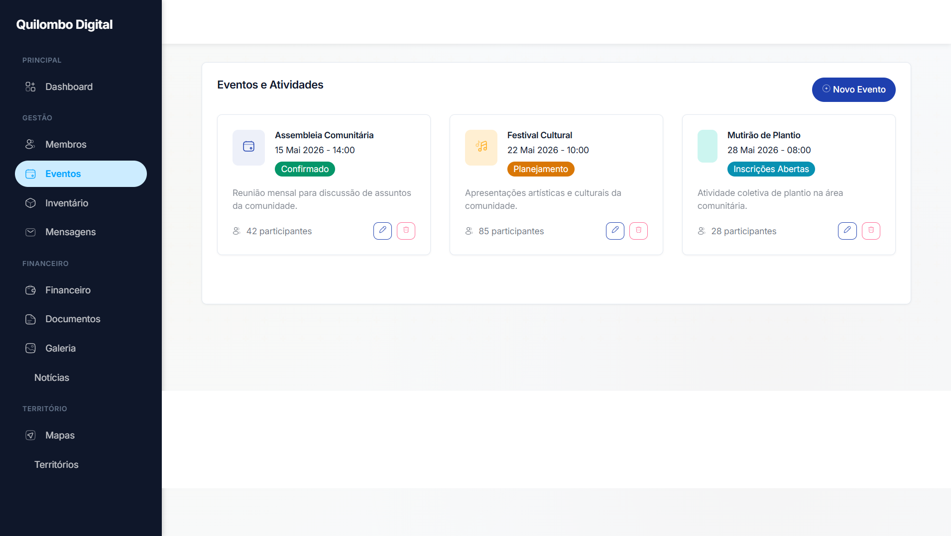 Tela de agenda e gestão de eventos comunitários no Quilombo Digital